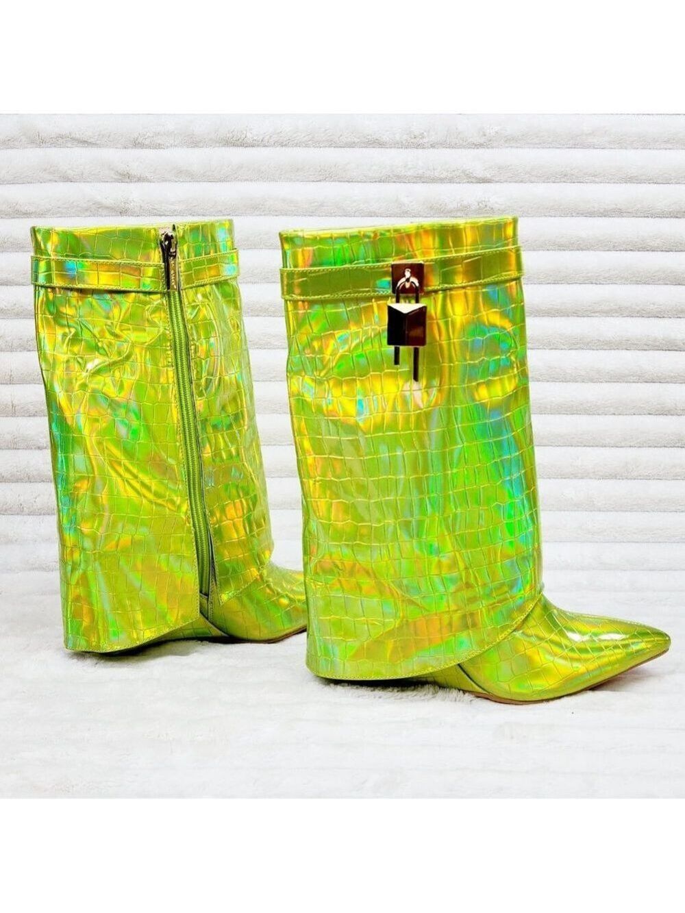 What A Vision Lime Yellow Hologram Wedge Heel Fold Over Skirted Ankle Boots